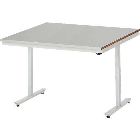 Bureau carré réglable en hauteur avec cadre blanc et dessus de table de couleur claire.