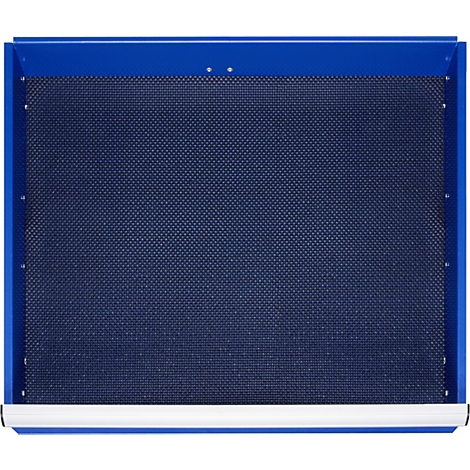 Produit bleu avec motif perforé et cadre bleu. Il y a un rouleau blanc en bas.