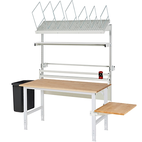 Werkbank met wit frame, houten blad, papierhouder, vuilnisbak. Enkele klaptafel.