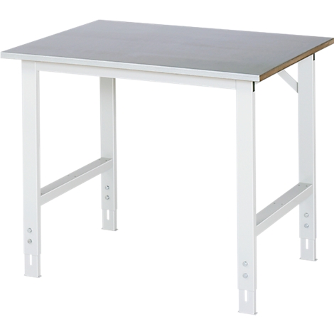 Witte werkplaatstafel met grijs tafelblad. De poten zijn van metaal, de tafel is in hoogte verstelbaar.