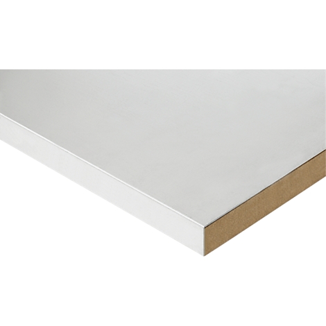 Witte, gladde tafel, lichtjes gekanteld. De rand is ook wit en toont het bruine binnenmateriaal.