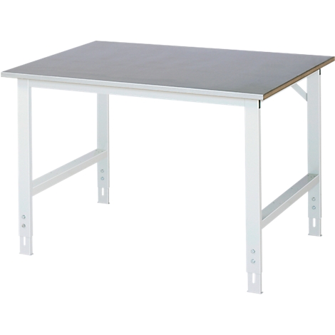 Een wit geschilderde werktafel met een grijs tafelblad. De poten hebben verstelbare voeten.