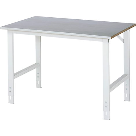 Werkbank met metalen frame en grijs tafelblad. De poten zijn wit en in hoogte verstelbaar.