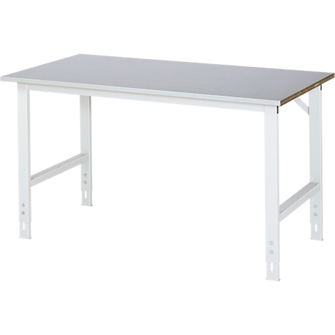 Een witte werkbank met een grijze tafelblad. De poten zijn gemaakt van staal en hebben een dwarsbalk.