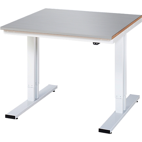 Grauer, höhenverstellbarer Schreibtisch mit weißem Gestell. Die Tischplatte ist rechteckig, die Beine haben eine quadratische Form.