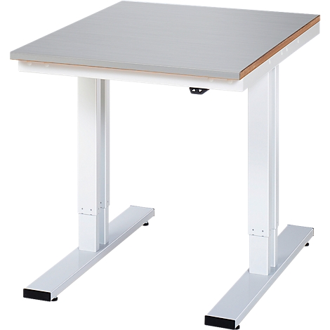 Ein höhenverstellbarer, quadratischer Schreibtisch in Weiß, grauer Tischplatte und Holzrahmen.