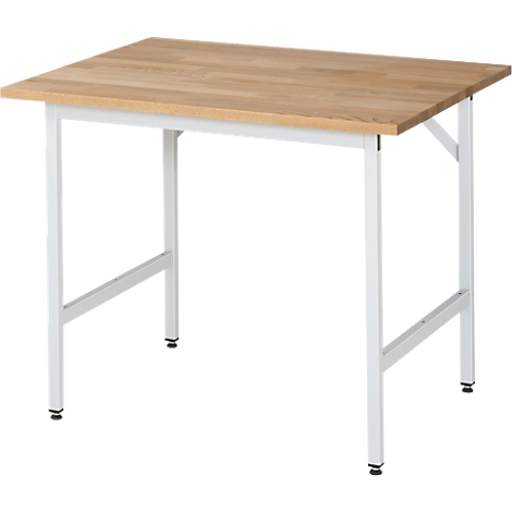 A rectangular table with a light wood top and white metal legs. The legs have black feet.