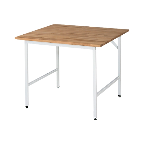 A square table with a wooden top and white metal legs. The table is set against a white background.