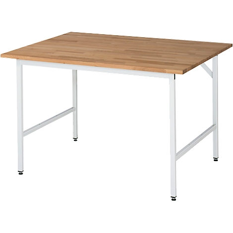 A rectangular table with a light brown wooden top and white metal legs. The table legs are connected by crossbars.