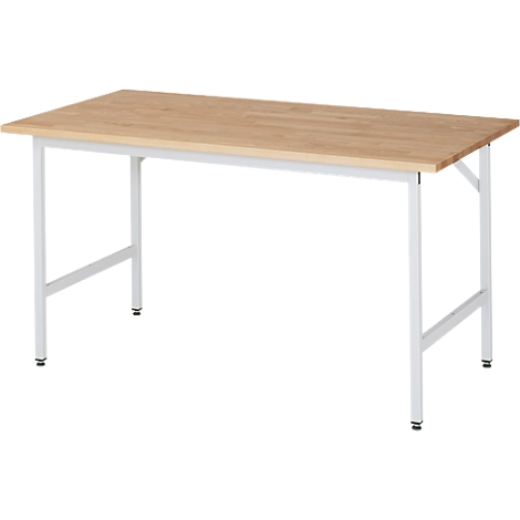 A rectangular wooden table with white metal legs, perspective view.