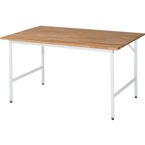 A rectangular table with a light brown wooden top on white metal legs.