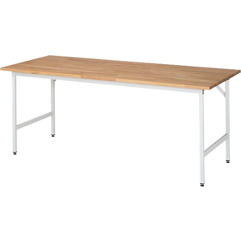 A rectangular wooden table with white metal legs. The table top is made of light wood. The frame is minimalist.