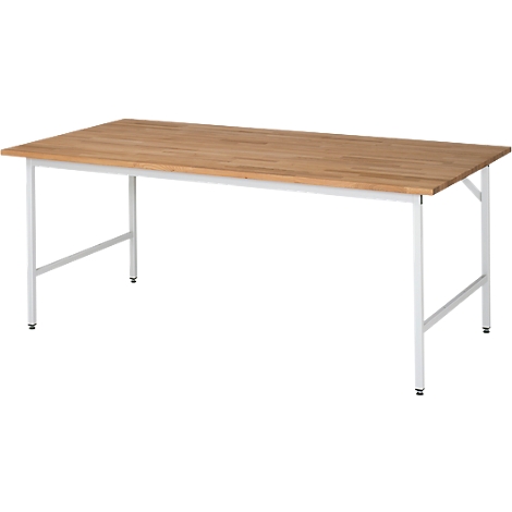 Rectangular wooden table with light-colored wood, white metal frame, legs slightly angled.