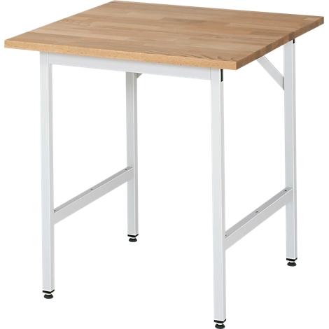A square table with a light brown wooden top and white metal legs. There are black rubber feet on the legs.