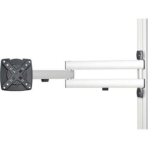 Monitorbevestiging. Donkere beugel met witte armen, gemonteerd op een verticale aluminium rail.