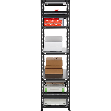 Étagère en métal noir avec divers objets sur les étagères : piles de papier rouge, dossiers blancs, boîtes en carton marron, imprimantes.