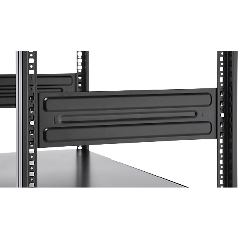 Cadre métallique noir, un détail du rack serveur. Deux entretoises horizontales relient les rails verticaux.