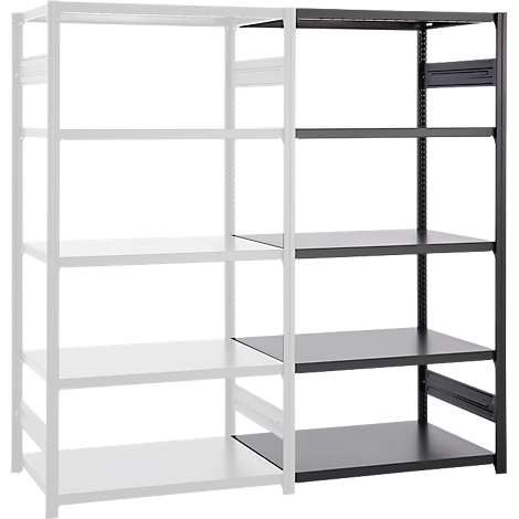 Une étagère en blanc et anthracite, avec quatre étagères. La moitié gauche est blanche, la moitié droite est anthracite.