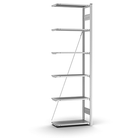 Étagère argentée avec six étagères maintenues par des supports métalliques. Des câbles relient les étagères au cadre principal.