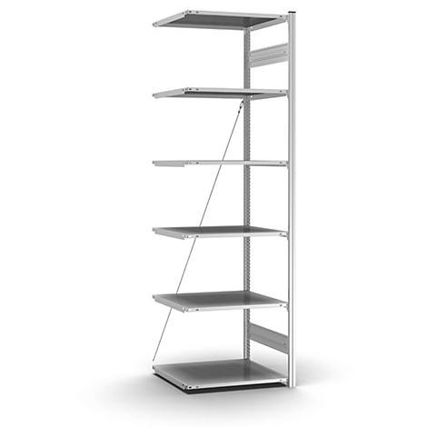 Étagère grise à six niveaux, fixée par de fins câbles. Sur fond clair.