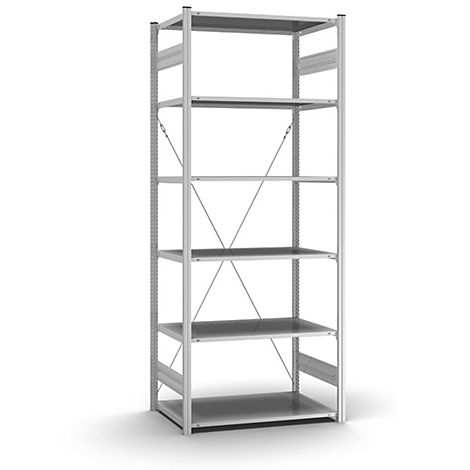 Étagère métallique grise avec six étagères, des entretoises diagonales et une forme rectangulaire.