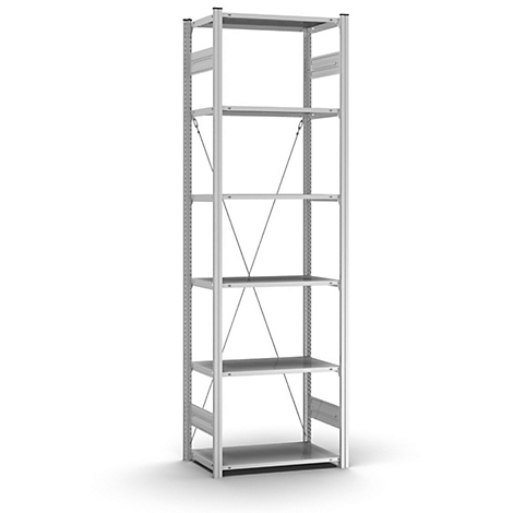 Étagère argentée avec cinq étagères sur fond blanc. Des entretoises diagonales stabilisent la structure.