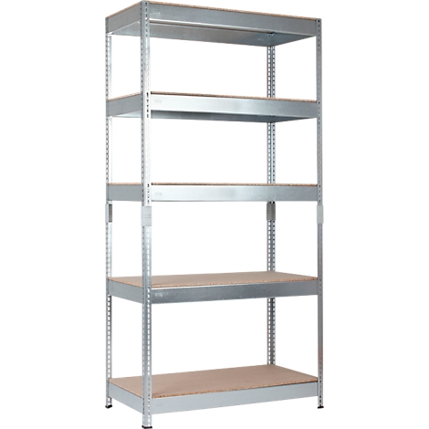 Étagère métallique à cinq niveaux, panneaux en bois, sur fond blanc. Idéal pour le stockage.