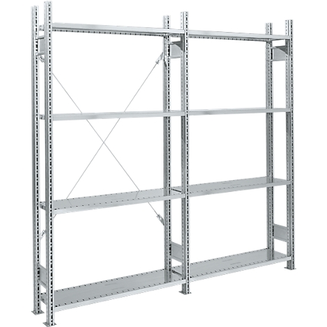 Étagère métallique, plusieurs niveaux, pour le stockage. Gris, sur fond blanc. Entretoises diagonales pour la stabilisation.