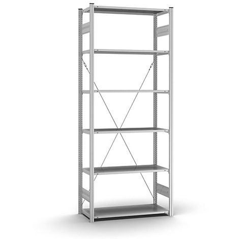 Étagère métallique grise à 5 étagères. Les entretoises renforcent la construction. Le fond est blanc.