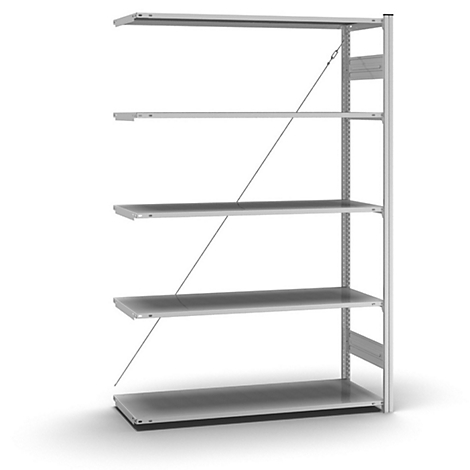 Une étagère murale argentée avec cinq niveaux, soutenue par des entretoises métalliques diagonales.