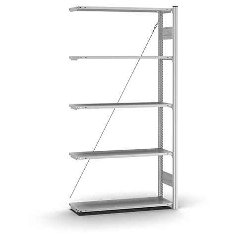 Étagère à cinq étagères, entretoises métalliques et haubans en fil métallique sur fond blanc.