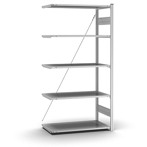 Étagère en métal avec cinq niveaux stabilisés par de fins câbles. Fond blanc.