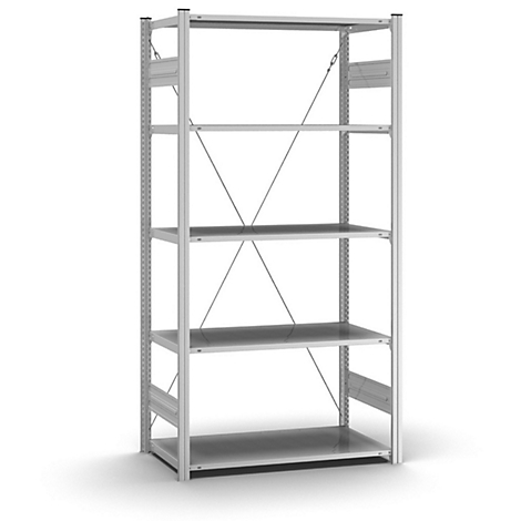 Une étagère en métal argenté avec cinq étagères, des entretoises diagonales et une légère ombre.