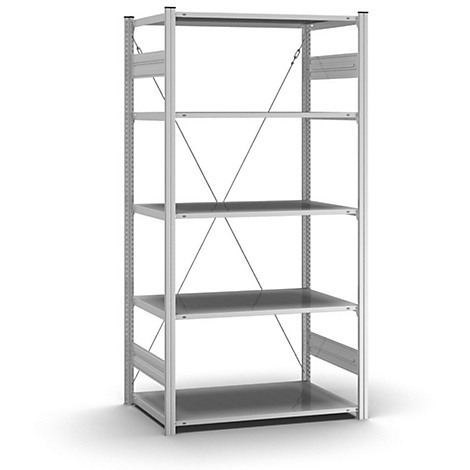 Étagère argentée avec cinq étagères sur fond blanc. Des entretoises diagonales renforcent la construction.