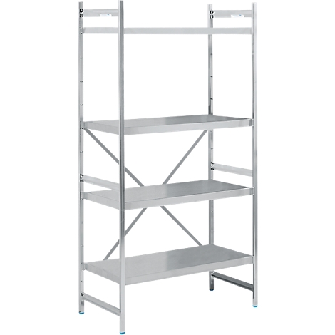 Étagère en acier inoxydable à quatre niveaux, avec des entretoises diagonales et des pieds bleus. Vue de face.