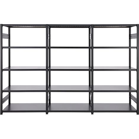 Étagère noire avec trois sections et quatre niveaux par section.