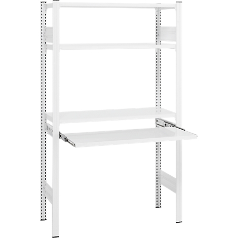 Étagère blanche avec trois étagères et un plateau de bureau coulissant. La structure est en métal.