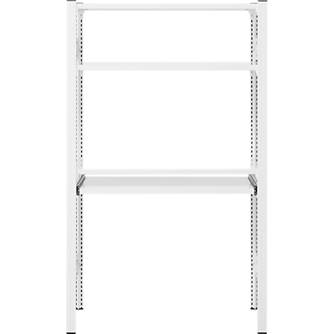 Étagère murale blanche avec trois niveaux et une structure métallique. Les étagères sont horizontales et espacées uniformément.