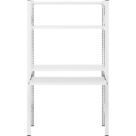 Système d'étagères ouvert blanc avec trois étagères. La construction métallique comporte des trous pour le réglage de la hauteur.