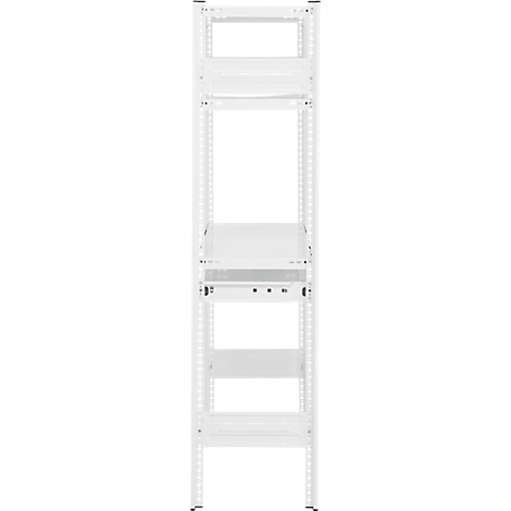 Rack serveur blanc et ouvert, en métal. Il comporte plusieurs étagères.