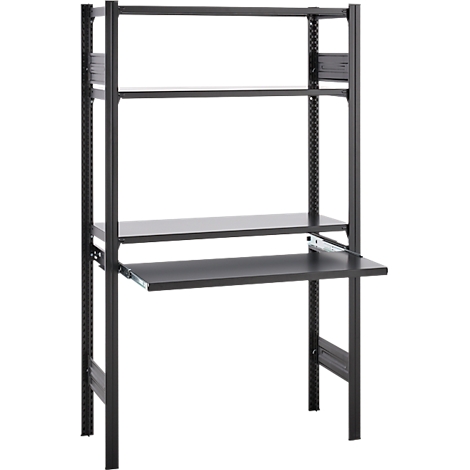 Étagère noire avec trois étagères et un bureau coulissant. L'étagère a une forme rectangulaire et est verticale.