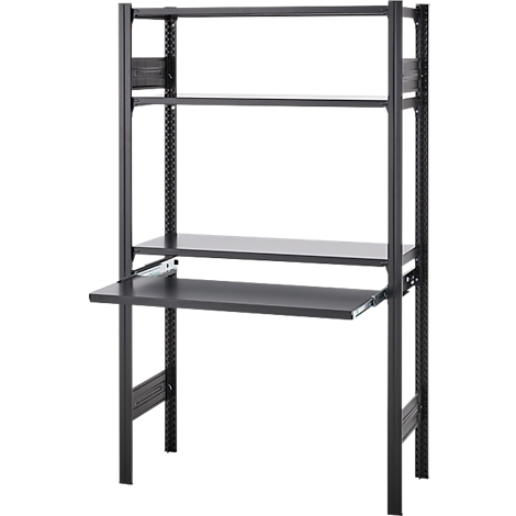 Bureau mural gris foncé avec deux étagères. L'étagère inférieure est extensible.
