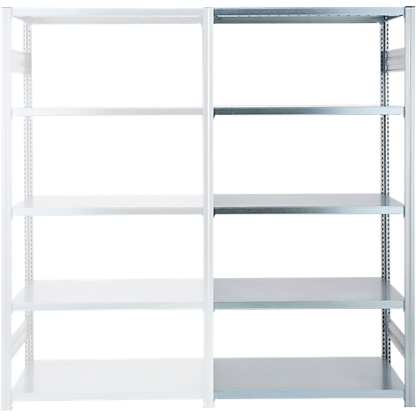 Étagère métallique à plusieurs niveaux, représentée en partie en gris et en blanc. Les étagères sont vides.