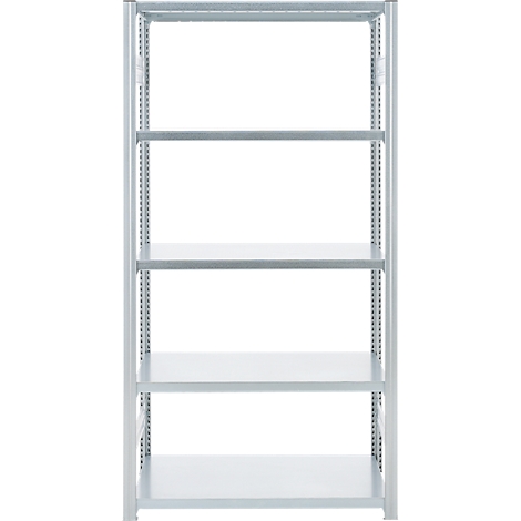 Étagère métallique grise à 5 niveaux sur fond blanc.