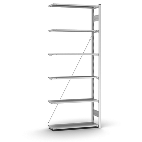 Étagère en métal à six niveaux. Des entretoises métalliques stabilisent la structure, qui se dresse sur un fond blanc.