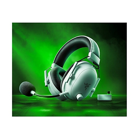 WeiÃŸes Gaming-Headset mit Mikrofon und grÃ¼nem Hintergrund.
