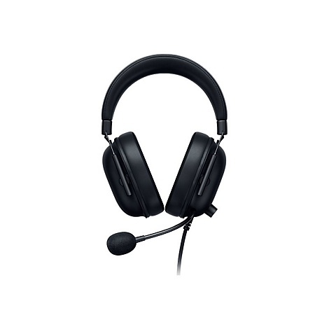 Schwarzes Headset, Mikrofon an der linken Ohrmuschel, auf weiÃŸem Hintergrund.