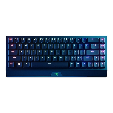 Schwarze Gaming-Tastatur mit beleuchteten Tasten. Das Razer-Logo ist unten mittig zu sehen.
