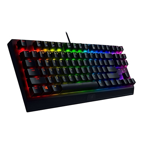 Schwarze mechanische Razer-Tastatur mit mehrfarbiger RGB-Beleuchtung. Die Tasten sind beleuchtet. Das Razer-Logo ist deutlich zu sehen.