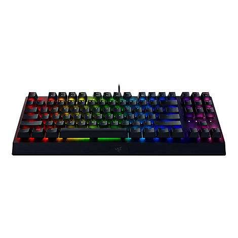Schwarze Gaming-Tastatur mit farbiger RGB-Beleuchtung. Alle Tasten leuchten in verschiedenen Farben.